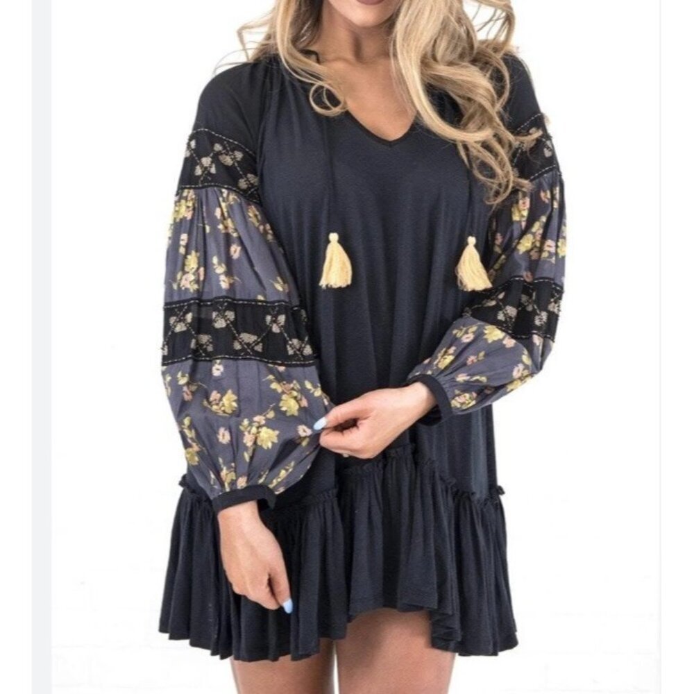 Free People Mix It Up Black Tunic Dress‎ Large Boho Floral Balloon Sleeve - Picture 2 of 16